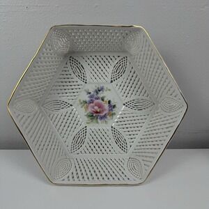 Vtg Russ Collection Lattice Porcelain Bowl‎ Floral Gold Trim Vanity Dish
